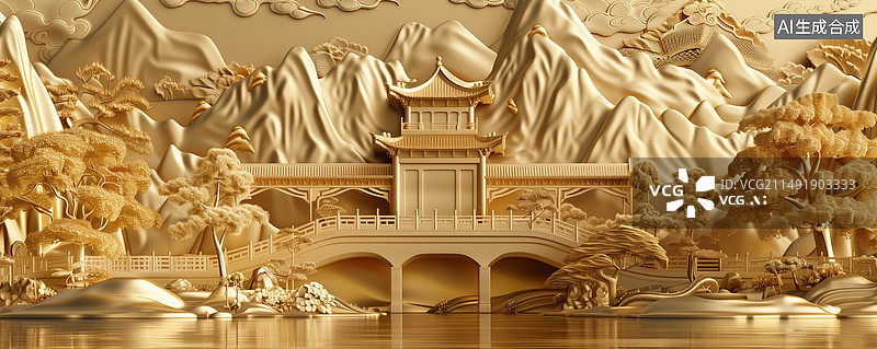 【AI数字艺术】金色建筑牌楼牌坊插画图片素材