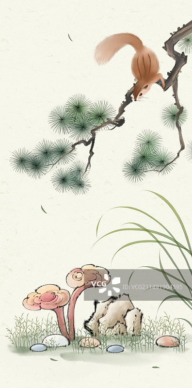 新中式插画一只松树趴在松树枝上看着草地图片素材