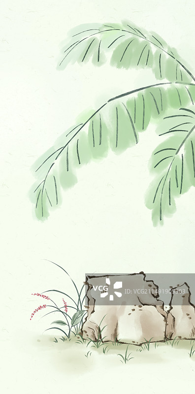 新中式水墨风插画芭蕉叶子和草地石头图片素材