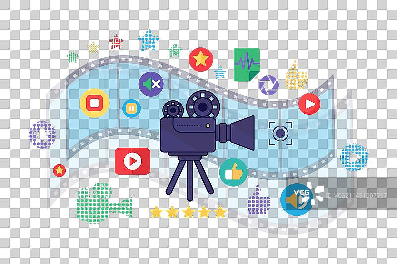 三脚架上的旧电影摄影机胶卷，新电影首映图片素材