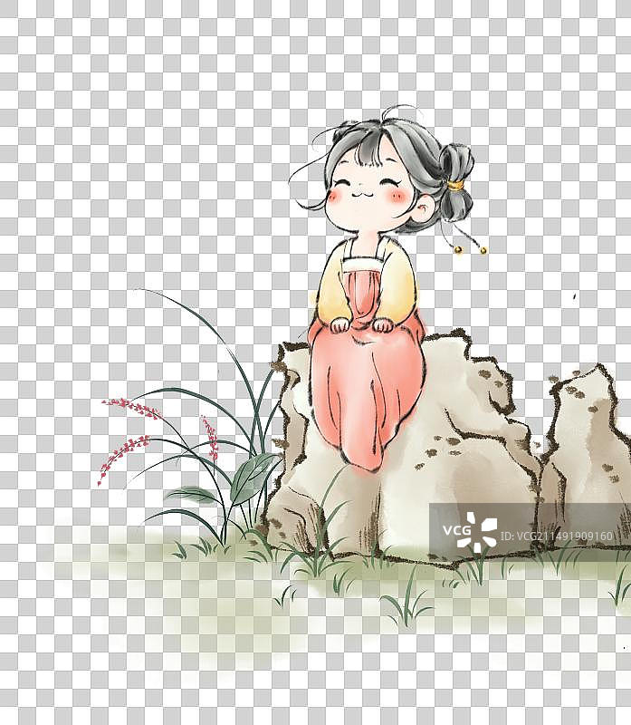 中式水墨风插画坐着的小女孩图片素材