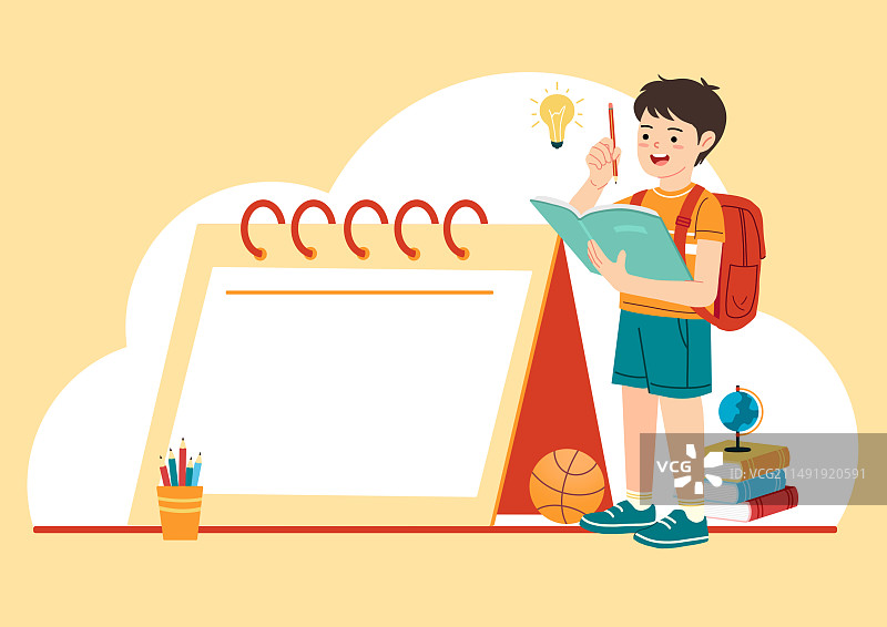 可爱的学生拿着书做笔记站在日历旁边图片素材