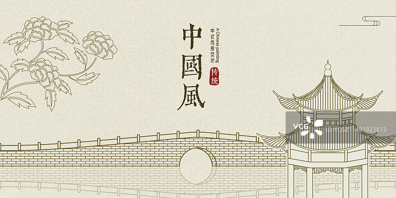 中式西湖断桥线稿画设计模板图片素材