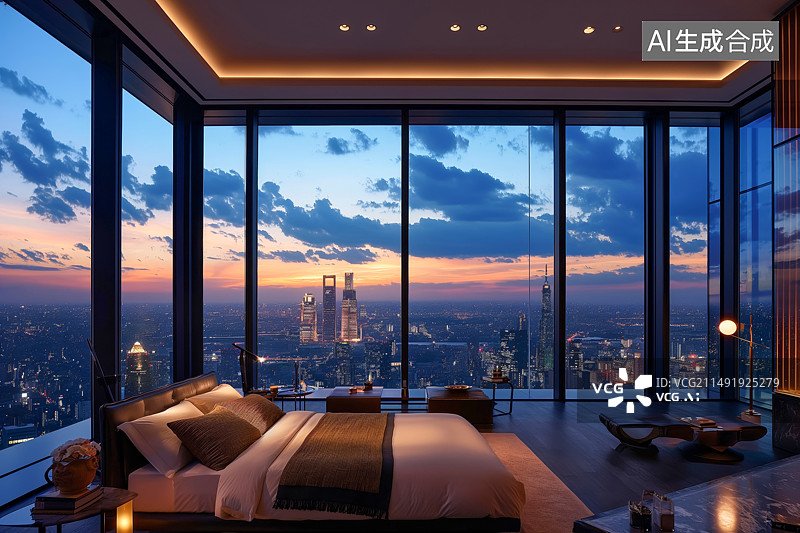 【AI数字艺术】超高层酒店落地窗外城市风光图片素材