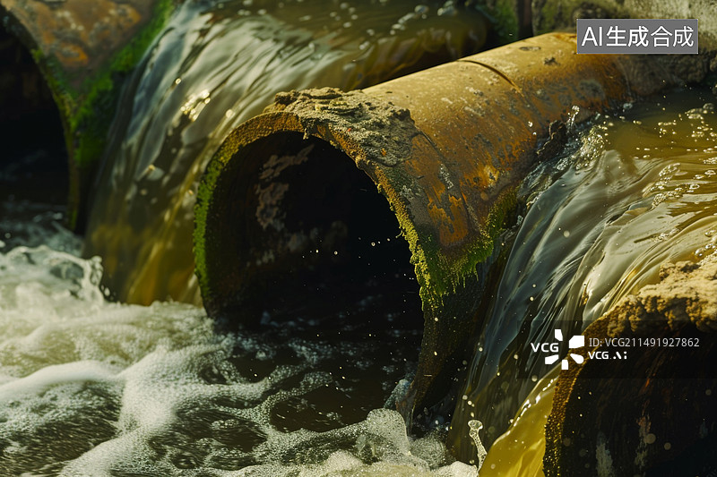 【AI数字艺术】工业污染，水管流出污水，特写镜头图片素材