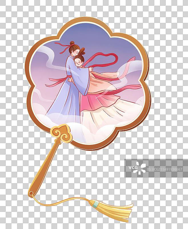 手绘团扇牛郎织女人物元素图片素材