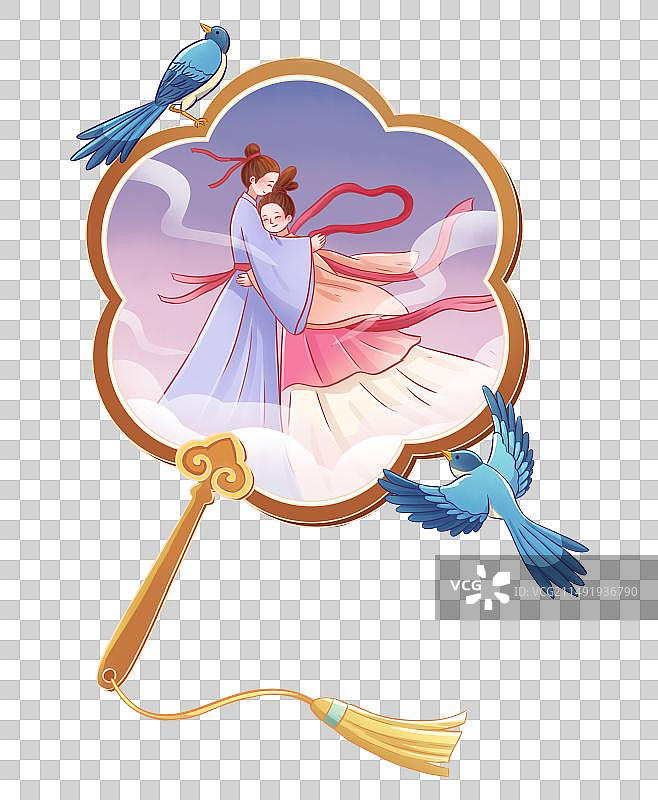 手绘喜鹊团扇牛郎织女插画元素图片素材