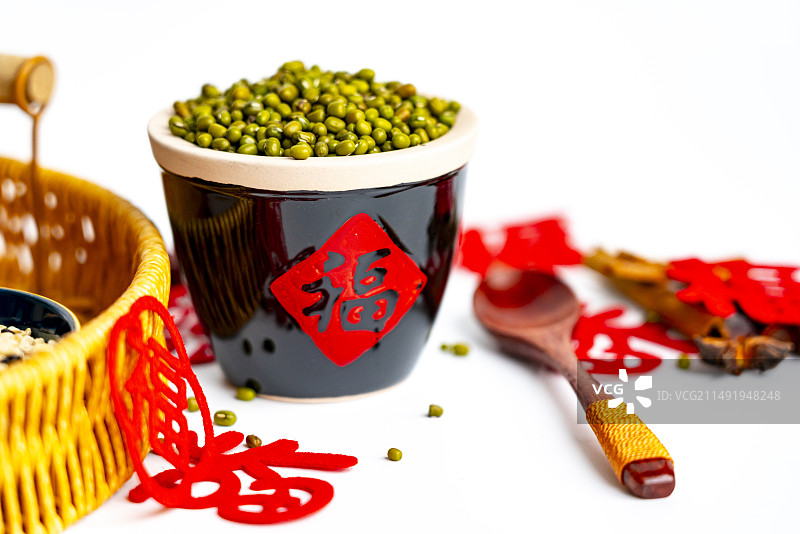 中国传统福字剪纸绿豆糙米粗粮静物喜庆春节端午节中秋节日祝福健康特写图片素材