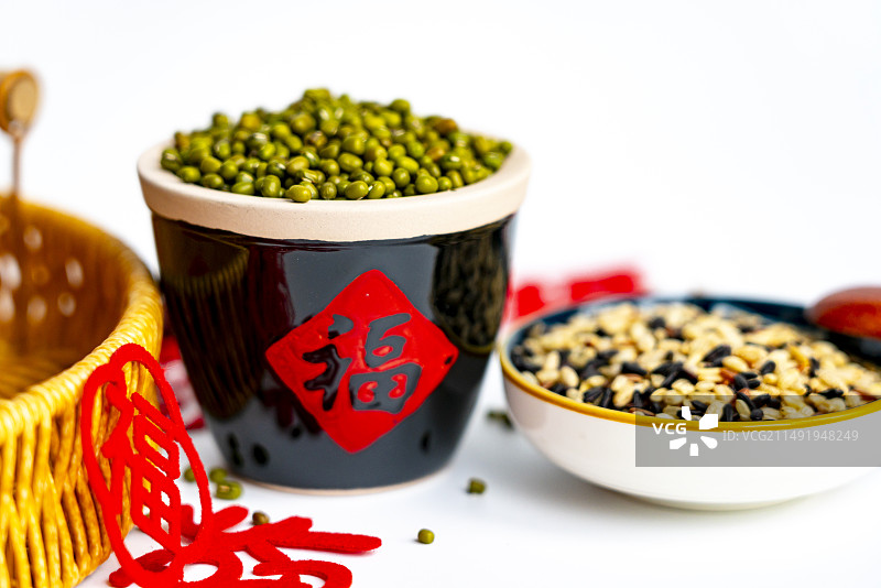 中国传统福字剪纸绿豆糙米粗粮静物喜庆春节端午节中秋节日祝福健康特写图片素材