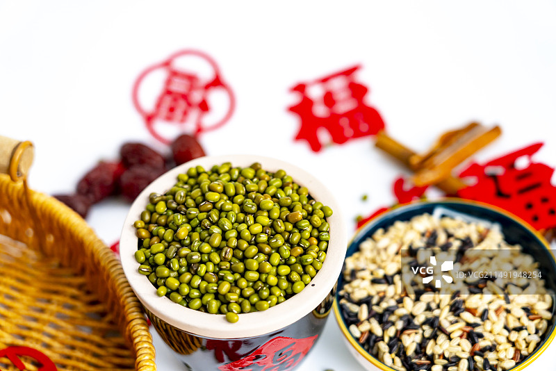 中国传统福字剪纸绿豆糙米粗粮静物喜庆春节端午节中秋节日祝福健康特写图片素材