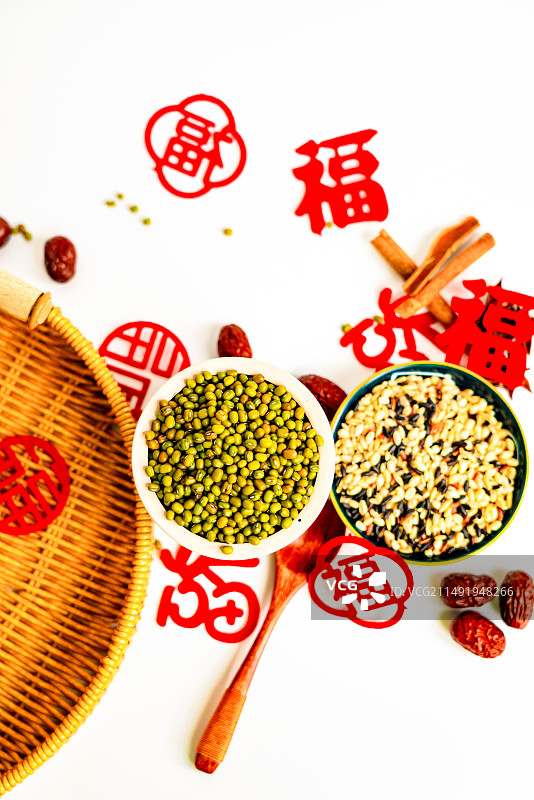 中国传统福字剪纸绿豆糙米粗粮静物喜庆春节端午节中秋节日祝福健康特写图片素材