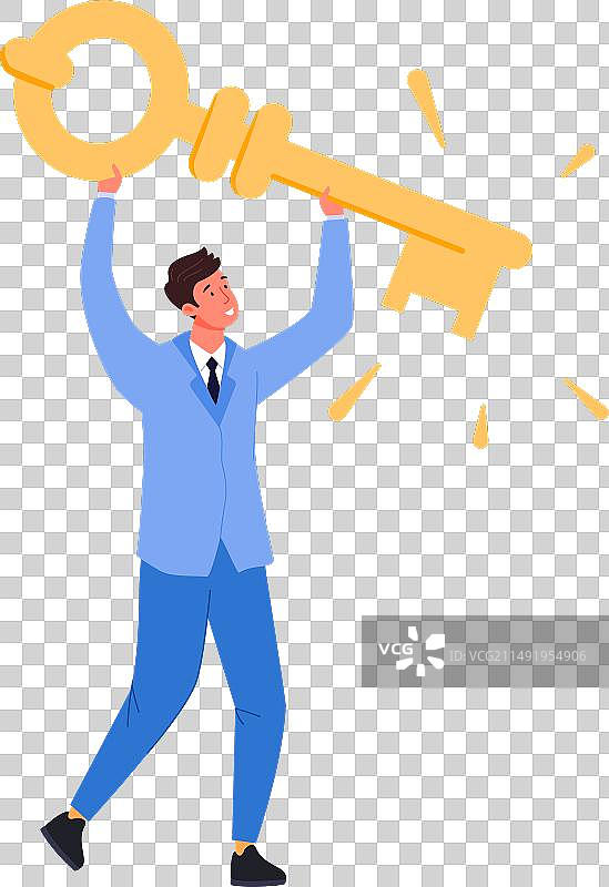 男人拿着金色大钥匙，象征房地产所有权图片素材