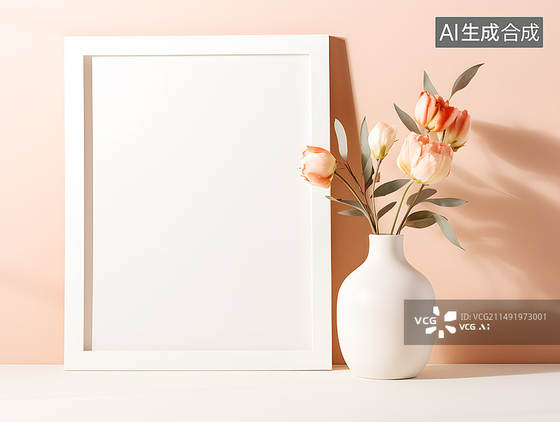【AI数字艺术】AIGC:靠墙桌子上的空白木质相框和盆栽植物，现代，商务，背景 插图 插画图片素材