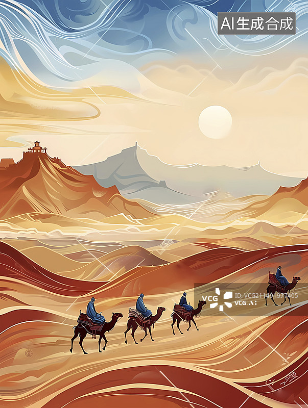 【AI数字艺术】敦煌壁画丝绸之路骆驼商队图片素材