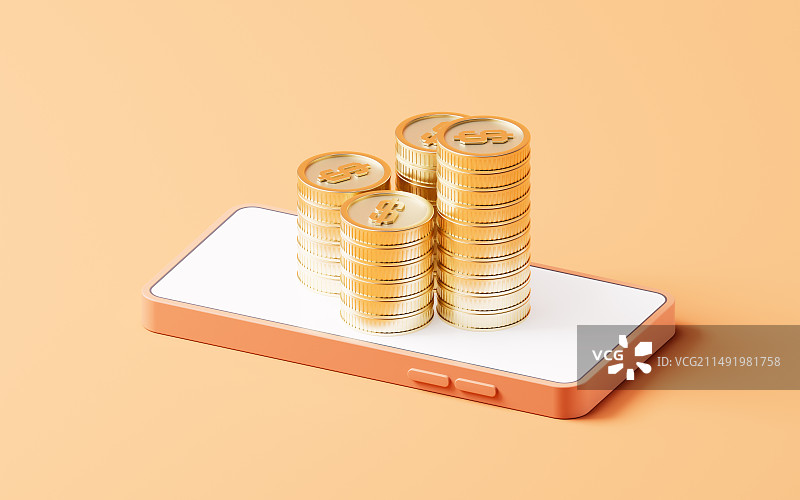 手机上的金币三维渲染图片素材