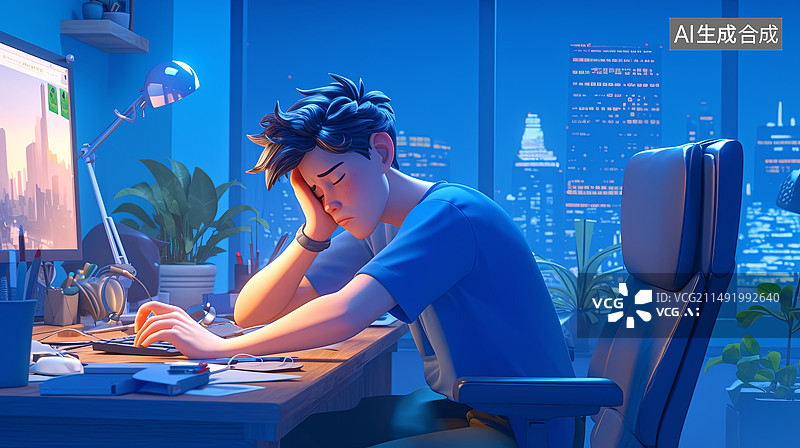 【AI数字艺术】3D，卡通，一个年轻男人，坐在电脑前，很沮丧难过伤心图片素材
