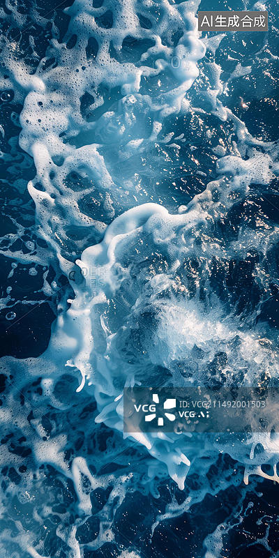 【AI数字艺术】从上方看到的带有白色泡沫的海洋表面图片素材
