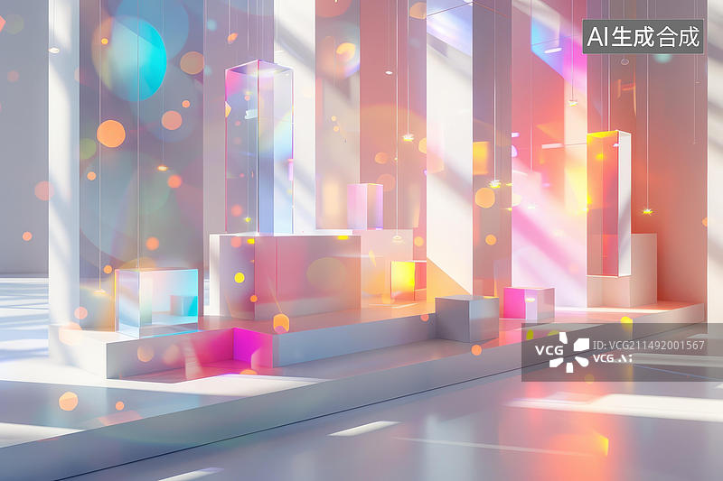 【AI数字艺术】超现实的彩虹抽象几何形状在空旷的空间中图片素材