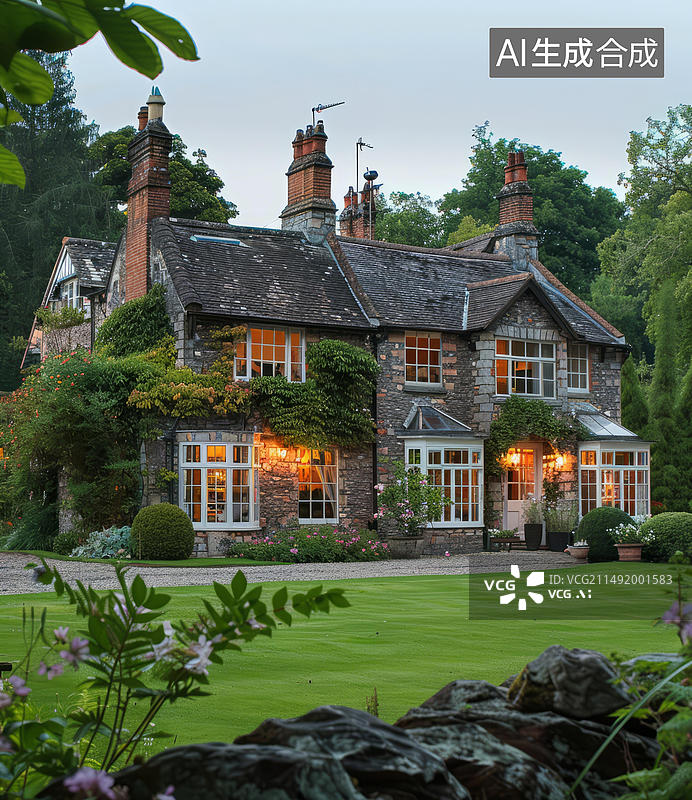 【AI数字艺术】英国乡村的一座美丽的石头小屋图片素材