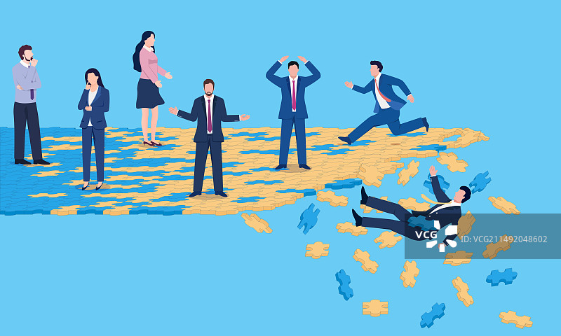 男人从垮掉的拼图上掉落下来，象征失败崩盘的矢量商业插图图片素材