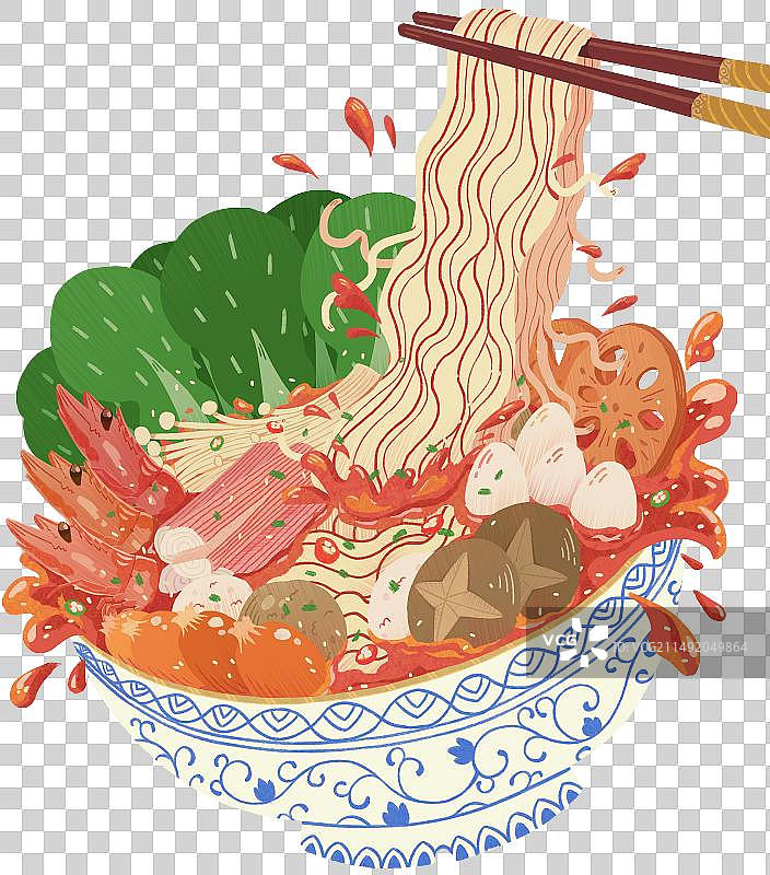 甘肃天水麻辣烫重庆麻辣烫四川麻辣烫冒菜手绘中国传统美食汤汁飞溅美味可口筷子夹面图片素材