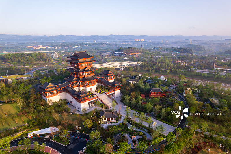 2024年成都世园会（世界园艺博览会）主会场日出清晨航拍图片素材