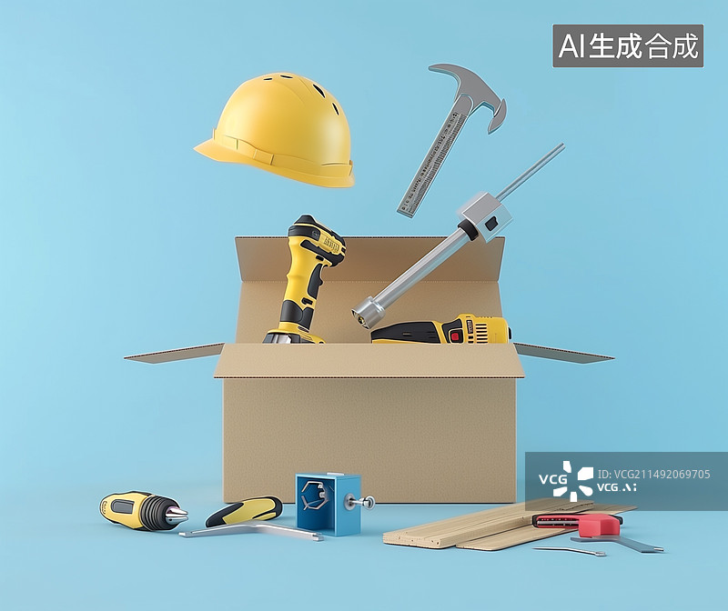 【AI数字艺术】纸箱中的建筑材料和抽象工具隔离图片素材