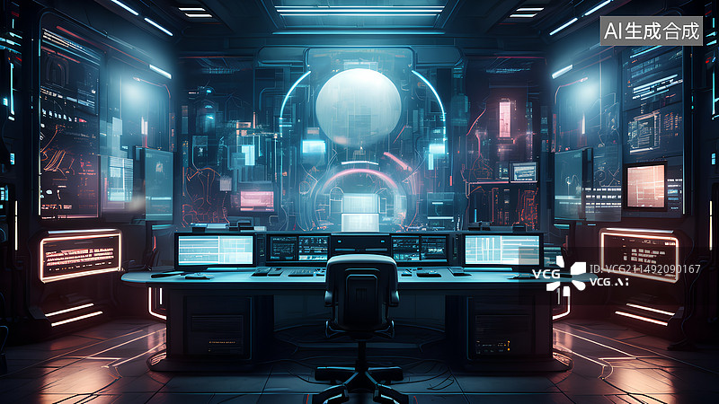 【AI数字艺术】科技感很强的大屏幕控制室控制台设备操作平台背景图图片素材