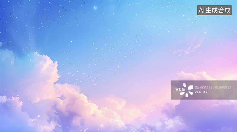 【AI数字艺术】梦幻天空插画，云朵飘飘星星点缀图片素材