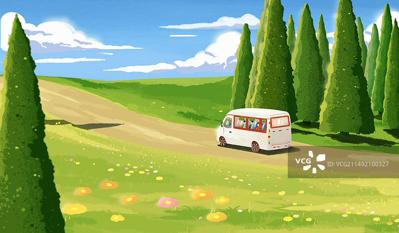 夏天自驾游旅行度假治愈系插画图片素材