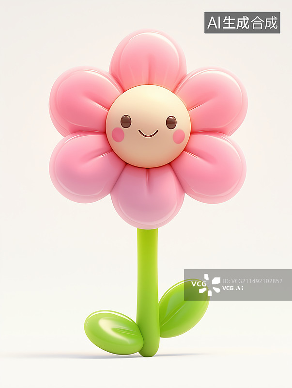 【AI数字艺术】3D卡通膨胀风格花朵笑脸盈盈形象，粉绿相间，可爱又生动图片素材