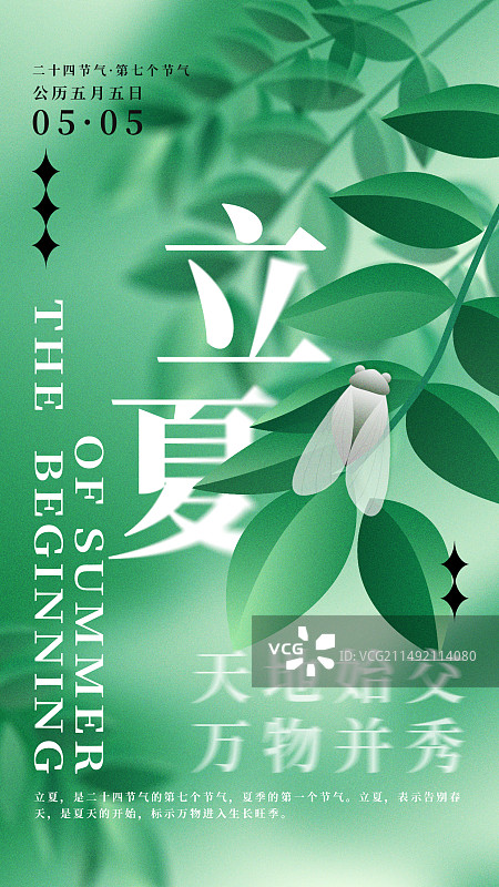 夏季节气立夏叶子蝉鸣弥散光竖版插画海报图片素材