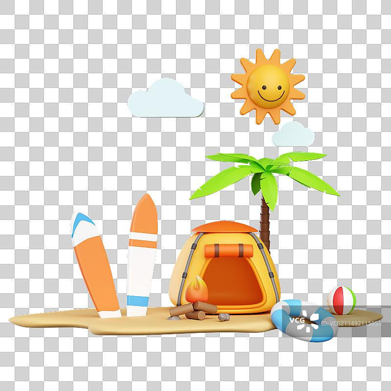 3D立体夏天沙滩度假小场景插画免抠元素图片素材