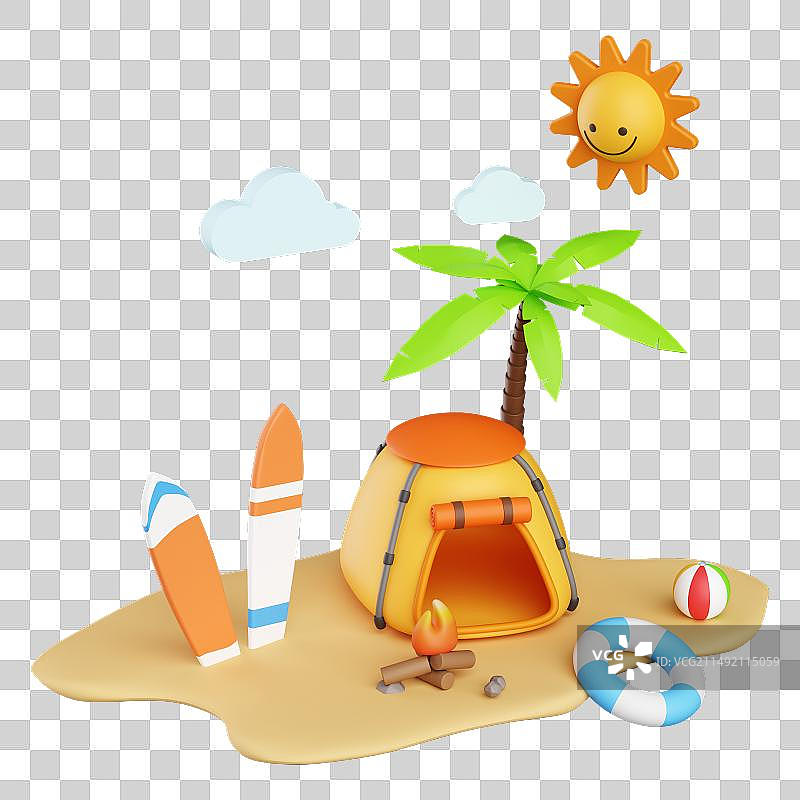 3D立体夏天沙滩度假小场景插画免抠元素图片素材