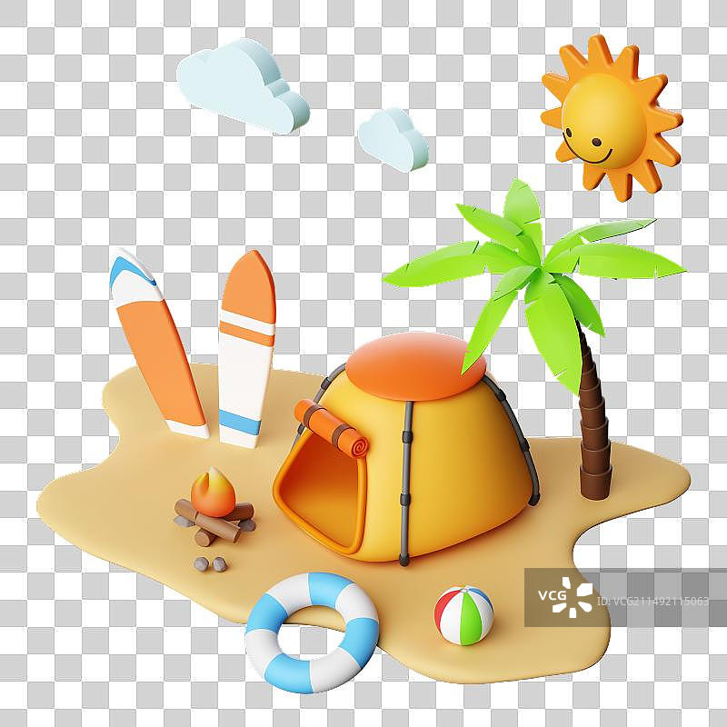 3D立体夏天沙滩度假小场景插画免抠元素图片素材