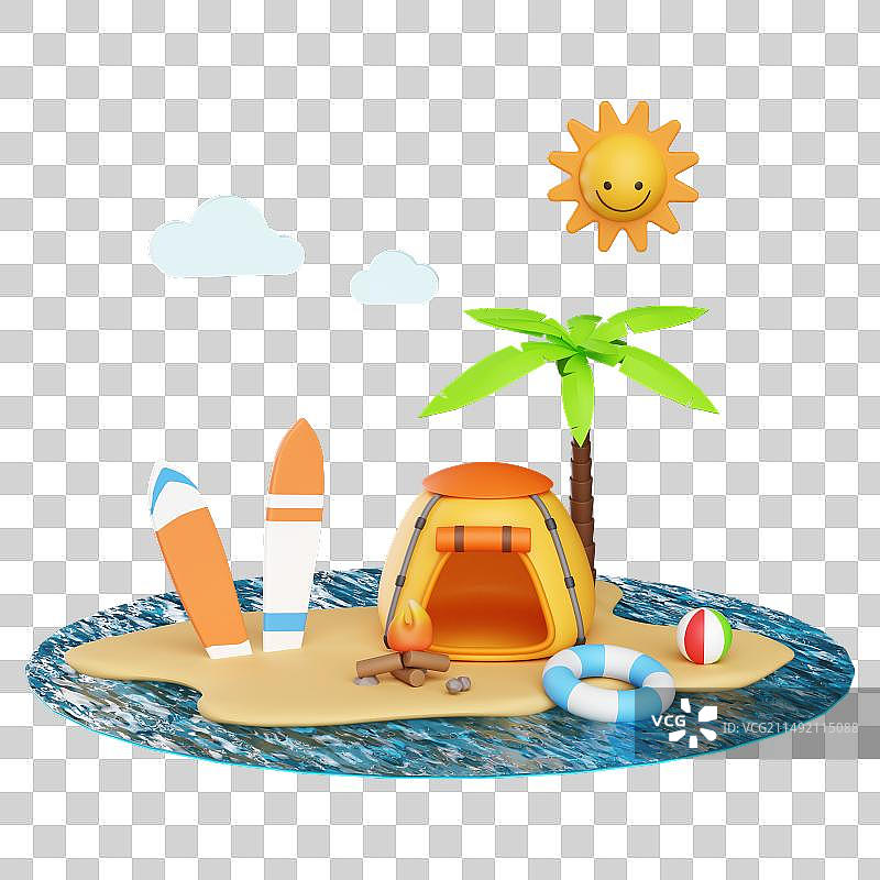 3D立体夏天沙滩度假小场景插画免抠元素图片素材