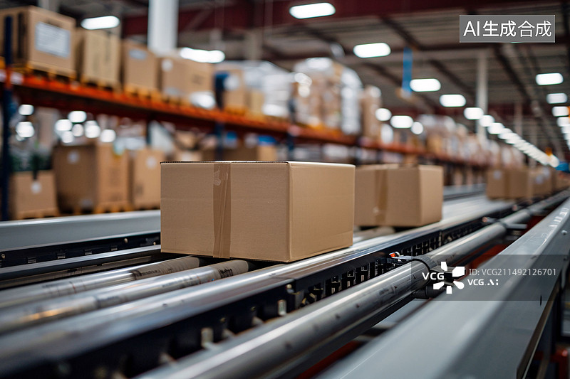 【AI数字艺术】包裹纸箱包装在仓库传送带上，电子商务产品交付物流概念插图包裹纸箱包装在仓库传送带上，电子商务产品交付图片素材