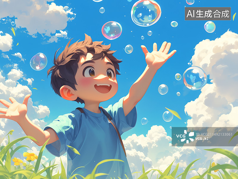 【AI数字艺术】户外和泡泡开心玩耍的孩子插画图片素材