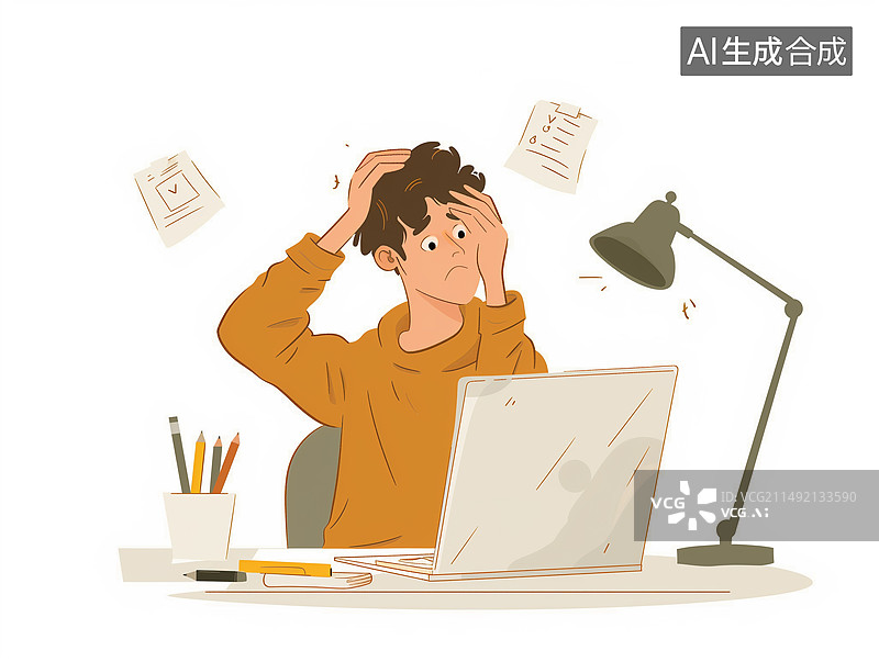 【AI数字艺术】坐在办公桌电脑前的发愁的男人图片素材