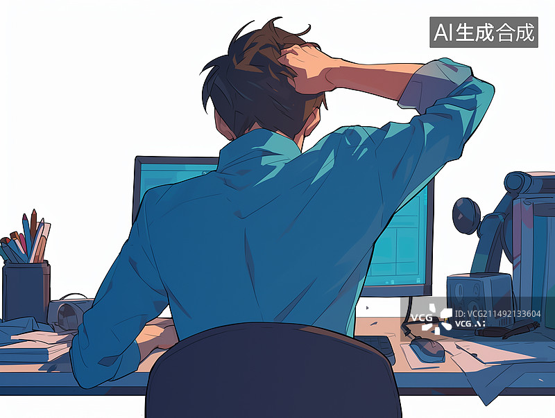 【AI数字艺术】坐在办公桌电脑前的发愁的男人图片素材