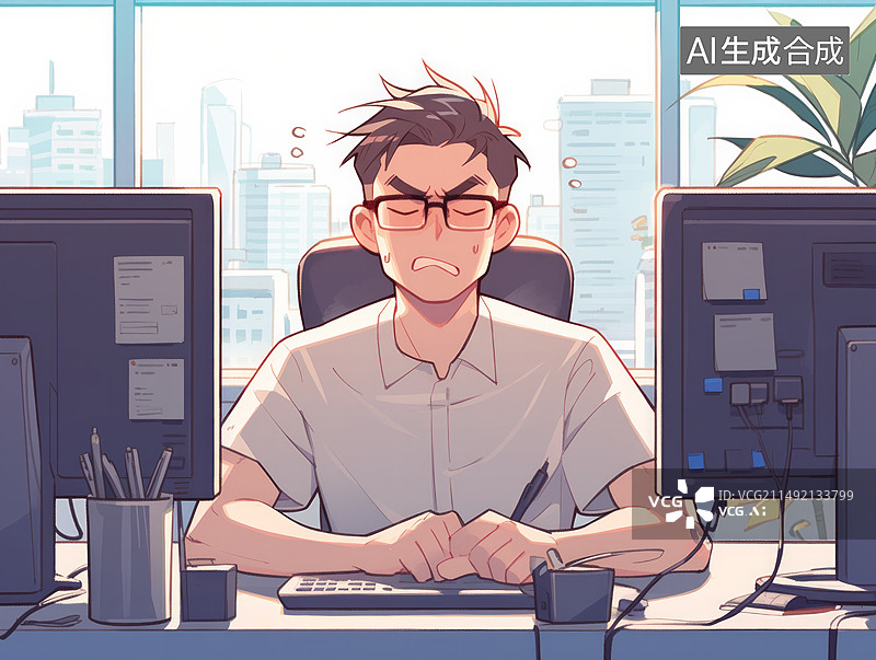 【AI数字艺术】男人坐在电脑前抓狂的样子卡通插画图片素材
