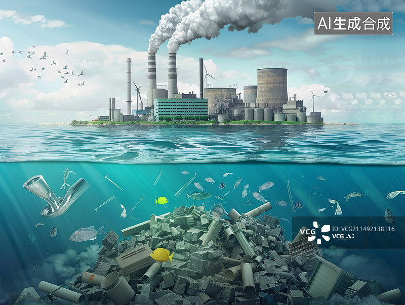 【AI数字艺术】海边工业区工厂发电厂排烟图片素材