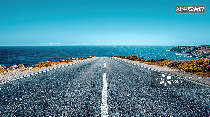 【AI数字艺术】海边公路空旷柏油路面背景汽车广告背景图图片素材
