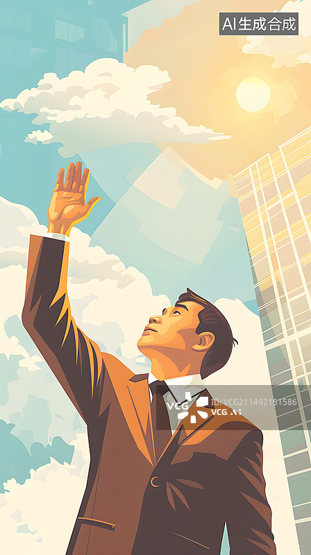 【AI数字艺术】AIGC:穿着西装的商务男士，抬手向天空招手，商务中心，高楼大厦背景插图插画图片素材