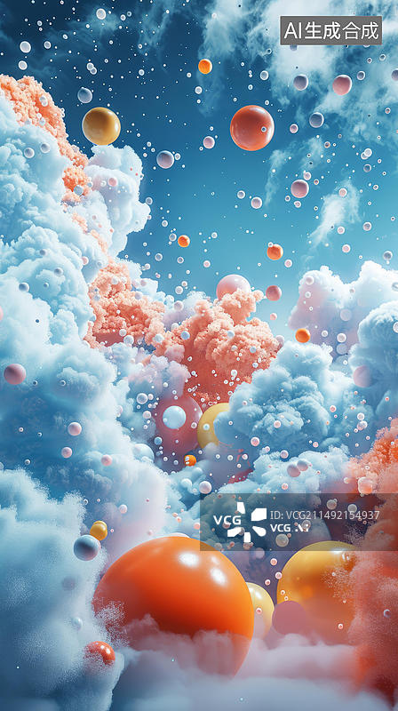 【AI数字艺术】五彩缤纷的云朵天空渲染图其中漂浮着球体图片素材