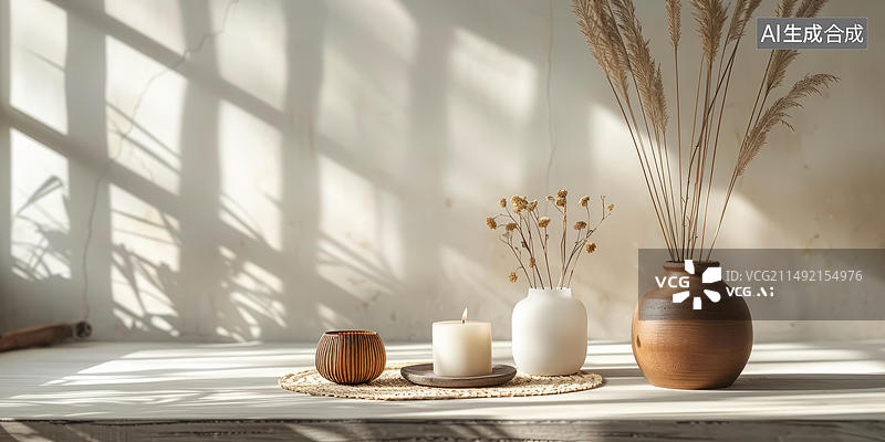 【AI数字艺术】蜡烛和芒草的静物图片素材