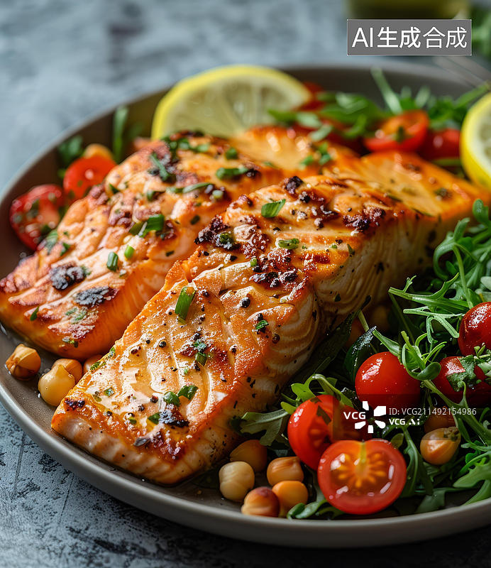 【AI数字艺术】烤三文鱼配番茄和鹰嘴豆图片素材