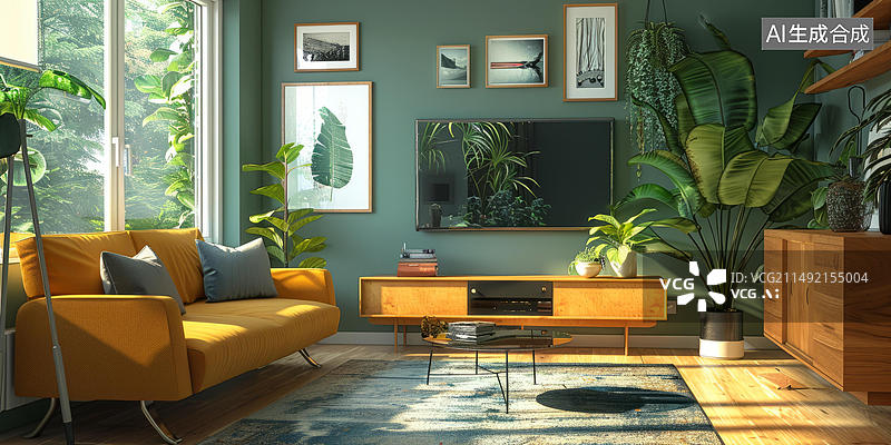【AI数字艺术】一个时尚的客厅有大绿墙黄色沙发和许多植物图片素材