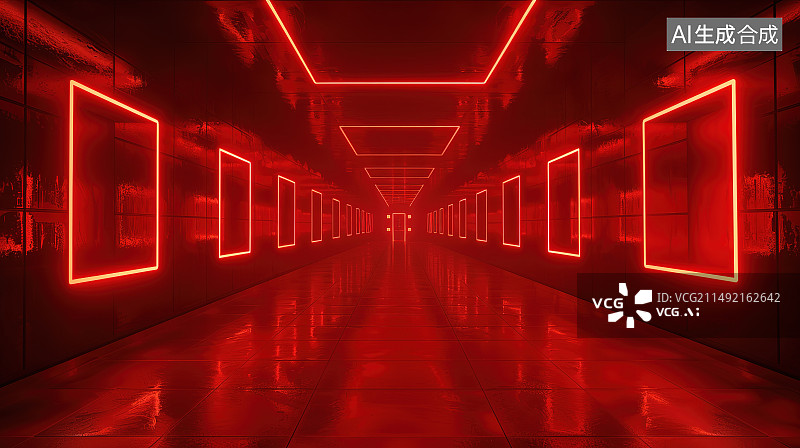 【AI数字艺术】红色灯光下的红色走廊图片素材
