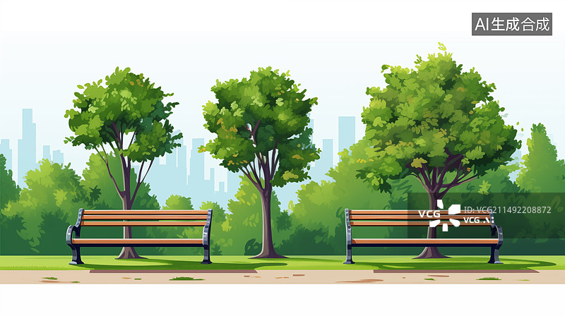 【AI数字艺术】户外城市公园绿树下的长凳3D插画图片素材